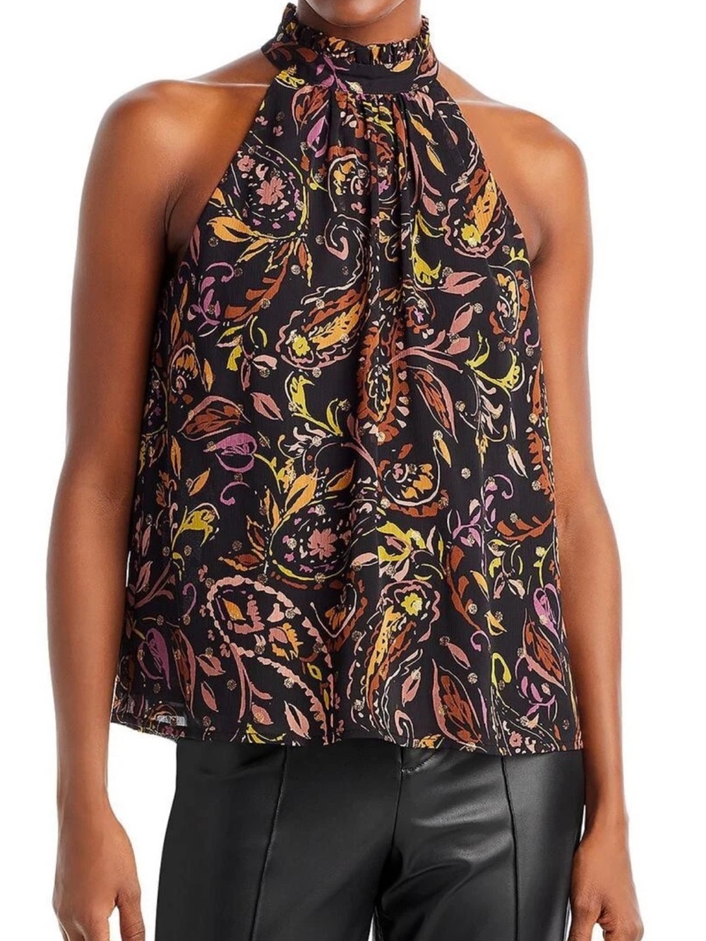 AQUA Sleeveless High-Neck Paisley Print Top - Black
